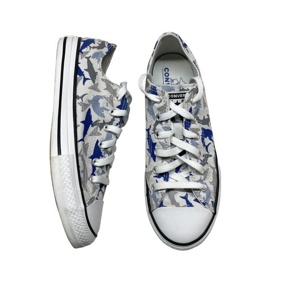 Converse Youth 5 Chuck Taylor All Star Shark Print Sneakers White Blue Canvas - Picture 1 of 9
